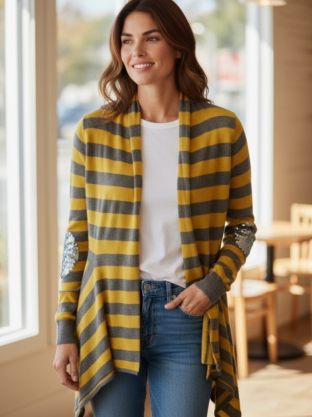 Camellia Cashmere Yellow /Gray Striped Sequin Elbow Patch Cardigan XS